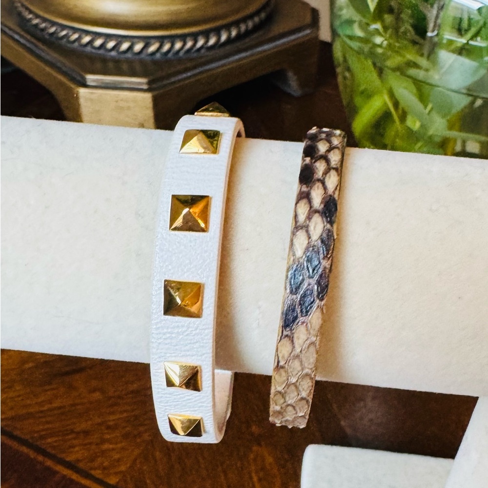 Rustic Cuff set, Gold Studded White and Snakeskin Bracelet Set